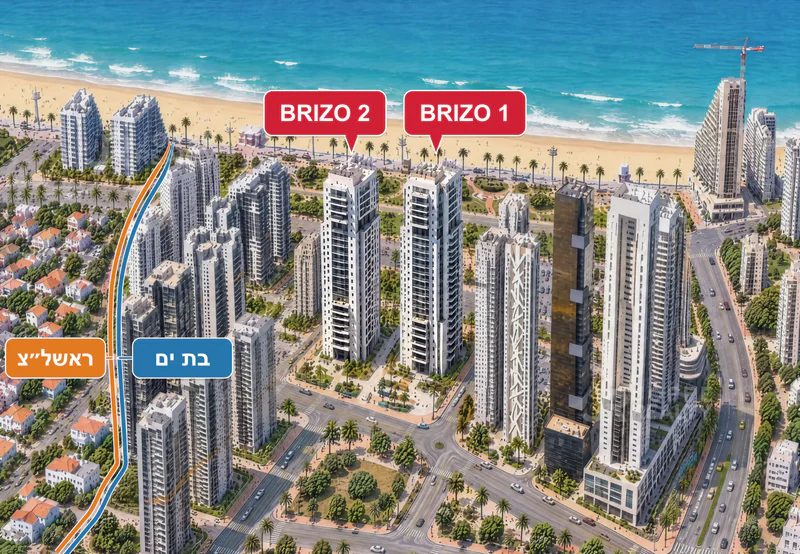 מיקום מגדלי BRIZO 1 ו־BRIZO 2 ליד הים, סמוך לגבול בת ים וראשון לציון